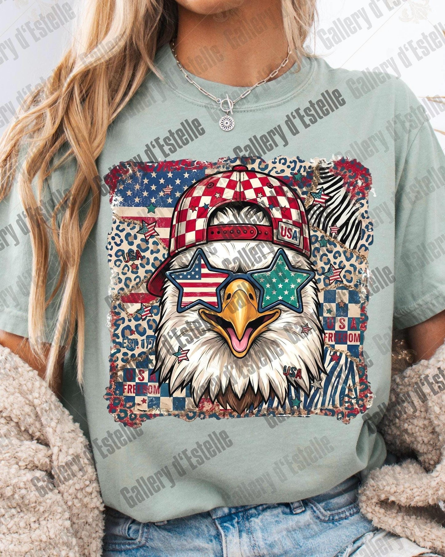 Retro American Eagle PNG, Preppy Patriotic Checkered Leopard Graphic, Trendy 4th of July Shirt Design