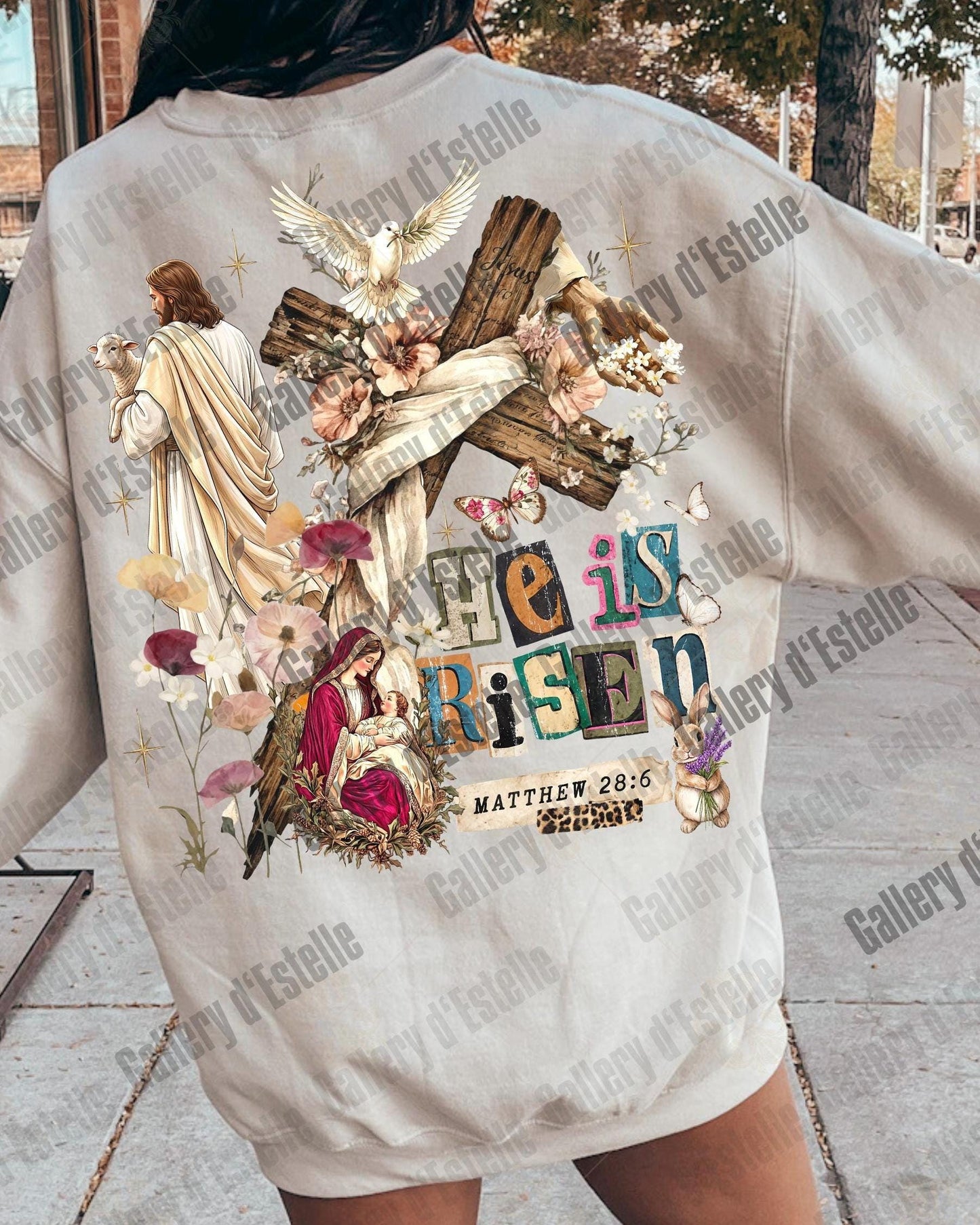 He Is Risen Collage PNG, Vintage Floral Easter Graphic, Coquette Christian Shirt Design