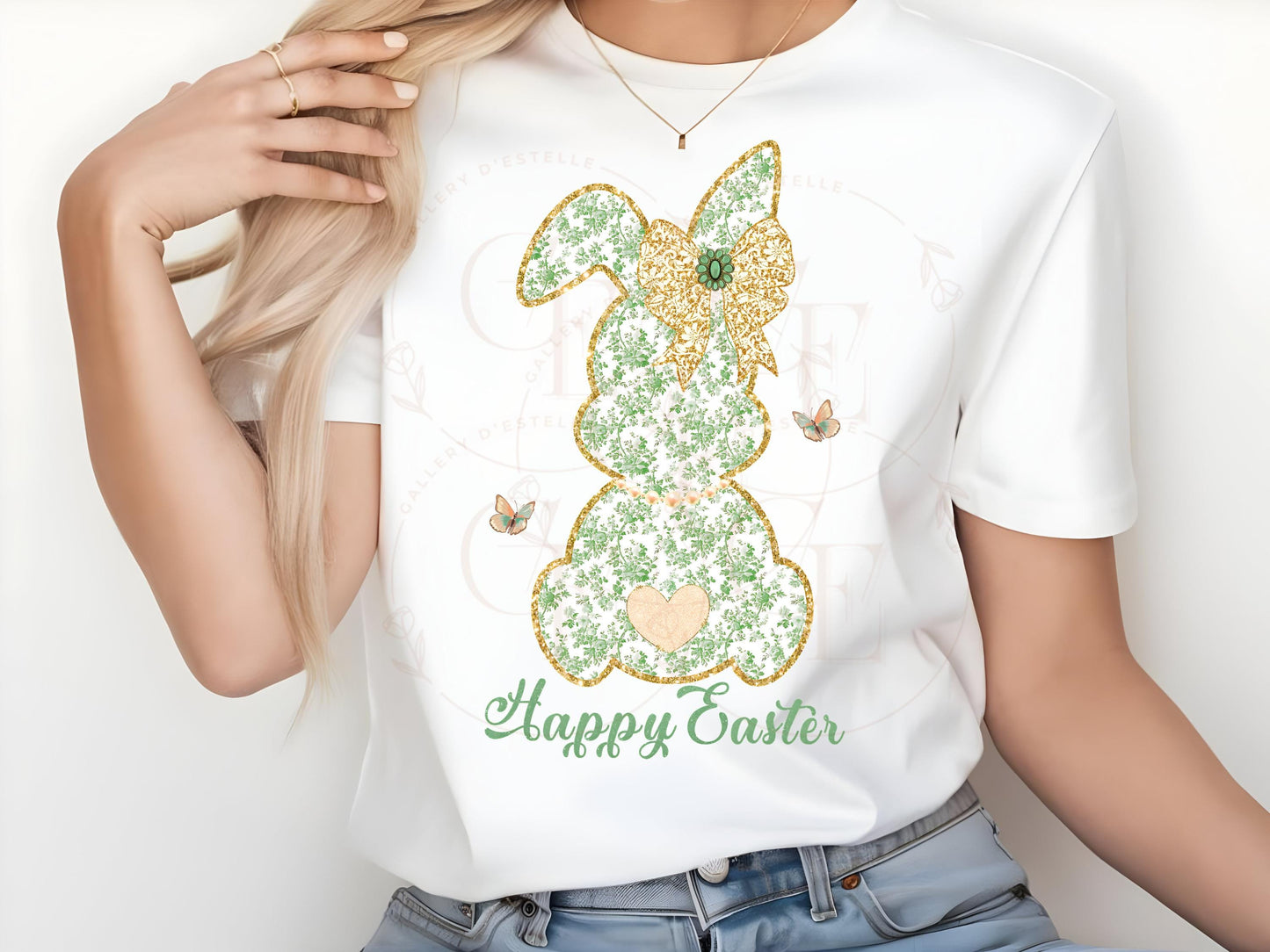 Coquette Green French Toile Bunny PNG, Vintage Glitter Lace Bow Graphic, Happy Easter Art, Country Chic Shirt Design