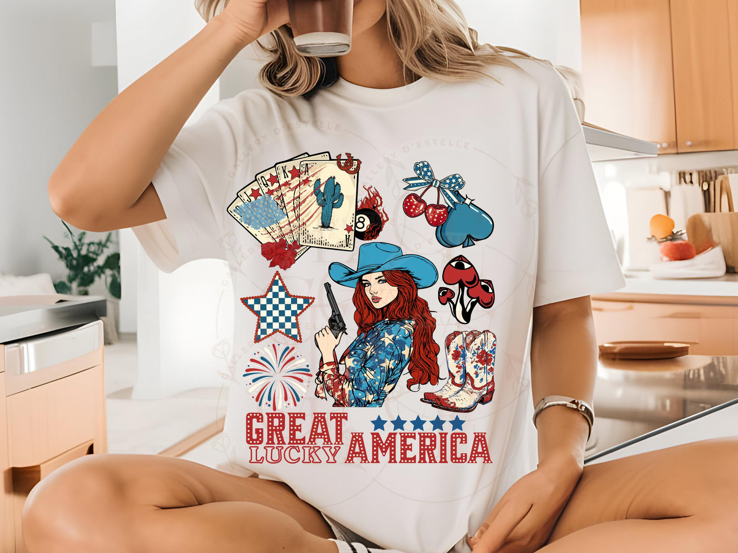 Great America Lucky PNG, Western Patriotic Cowgirl Casino Collage, Lucky 4th of July Country Shirt Design