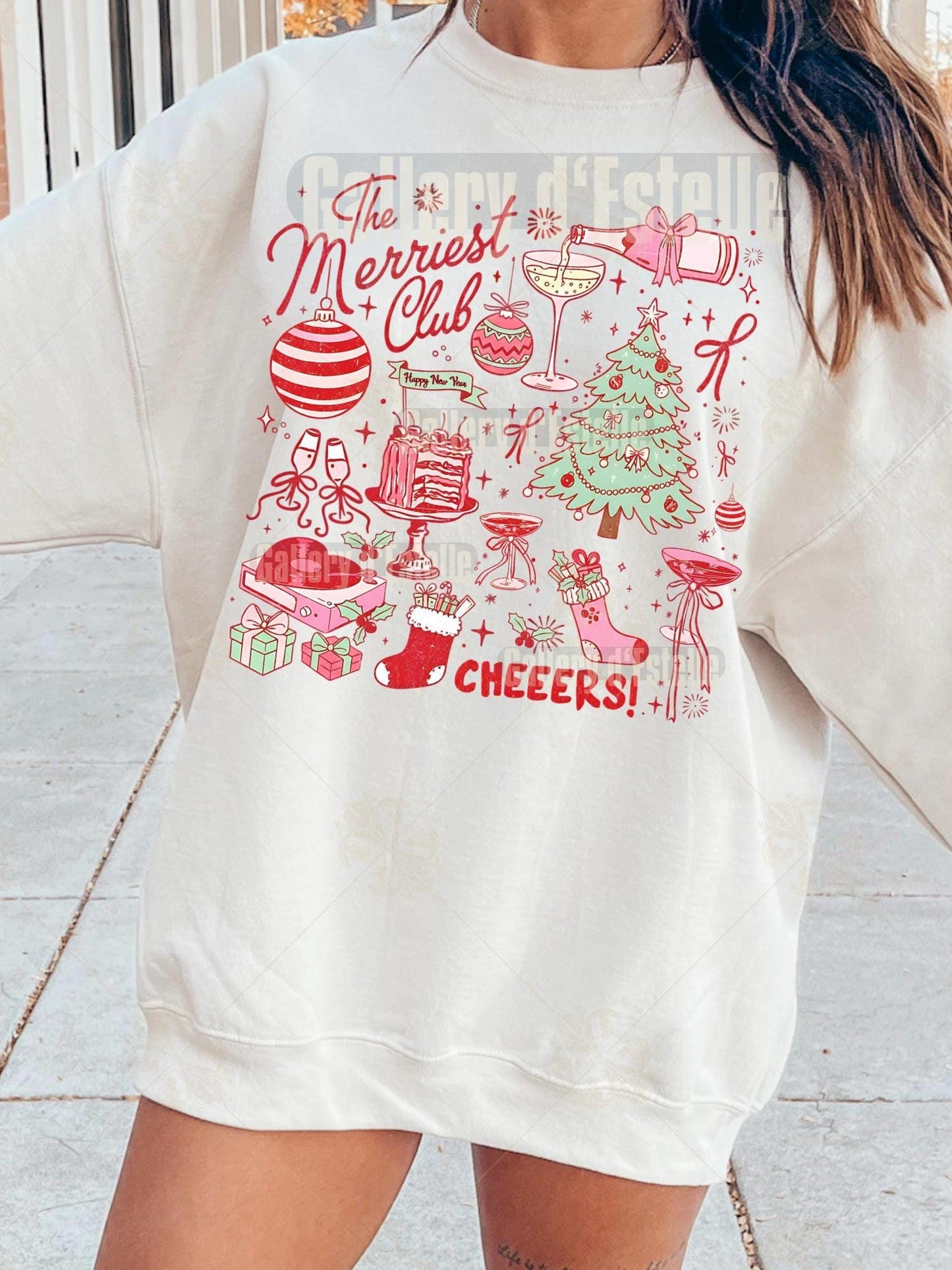 Coquette Merriest Club PNG, Cute Christmas Collage Graphic, Retro Holiday Party Design, Trendy Festive Shirt Design