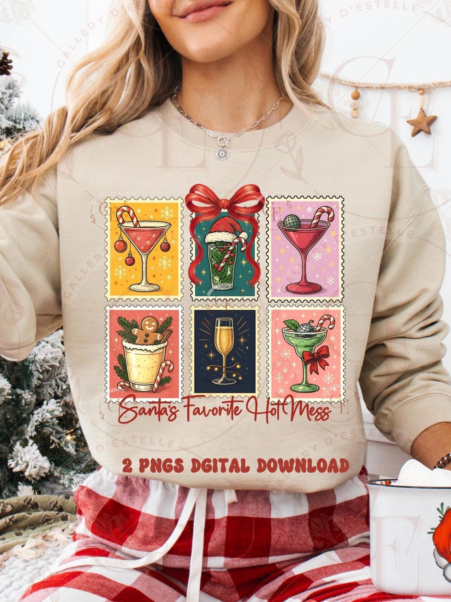 Retro Coquette Christmas Stamp PNG, Festive Santa Cocktail Collage, Holiday Spirit Drinks Graphic, Trendy Girl Christmas Shirt Design