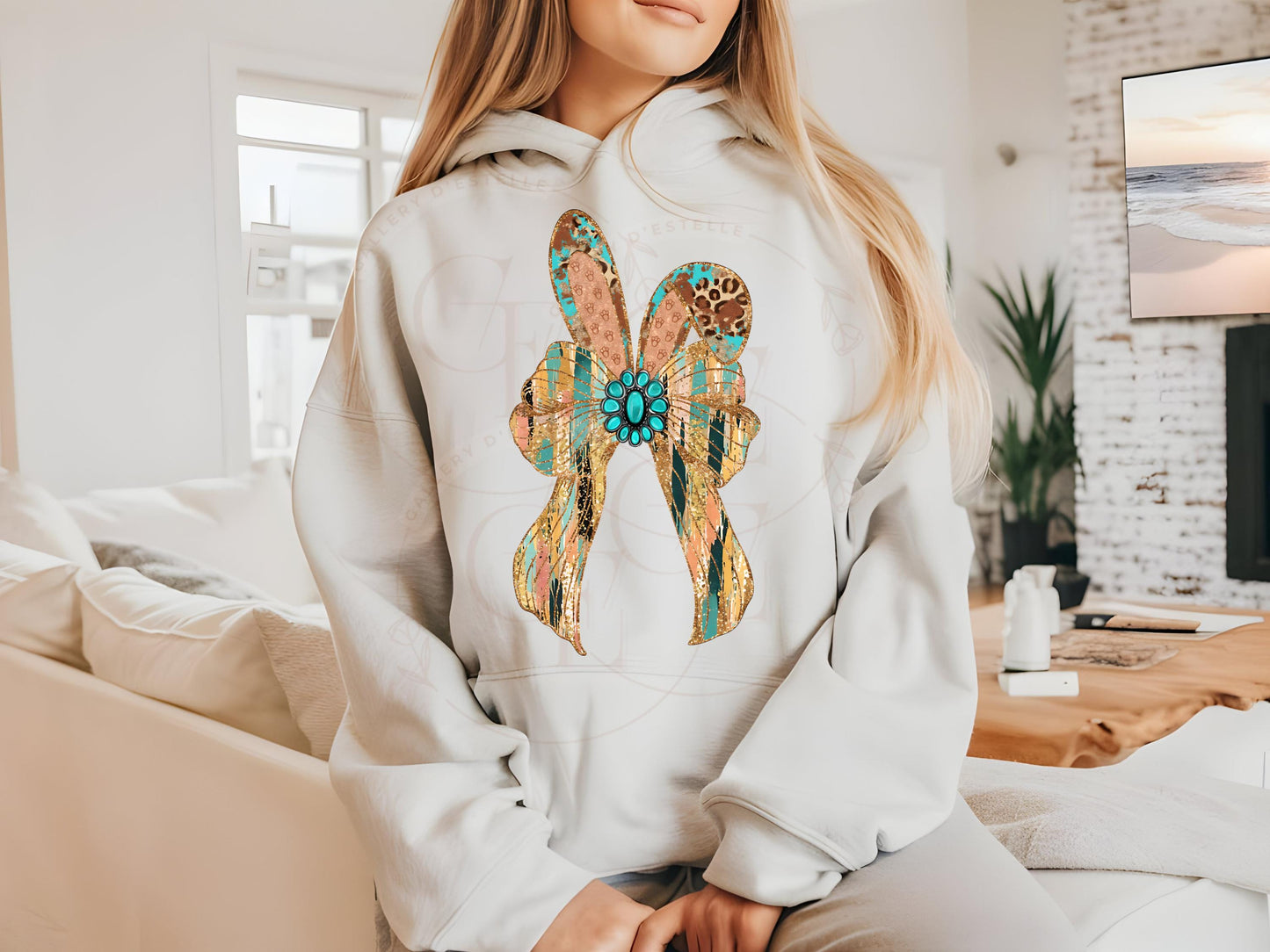 Western Coquette Glitter Bow PNG, Gold Brushstroke Easter Bunny Graphic, Trendy Cowgirl Shirt Design