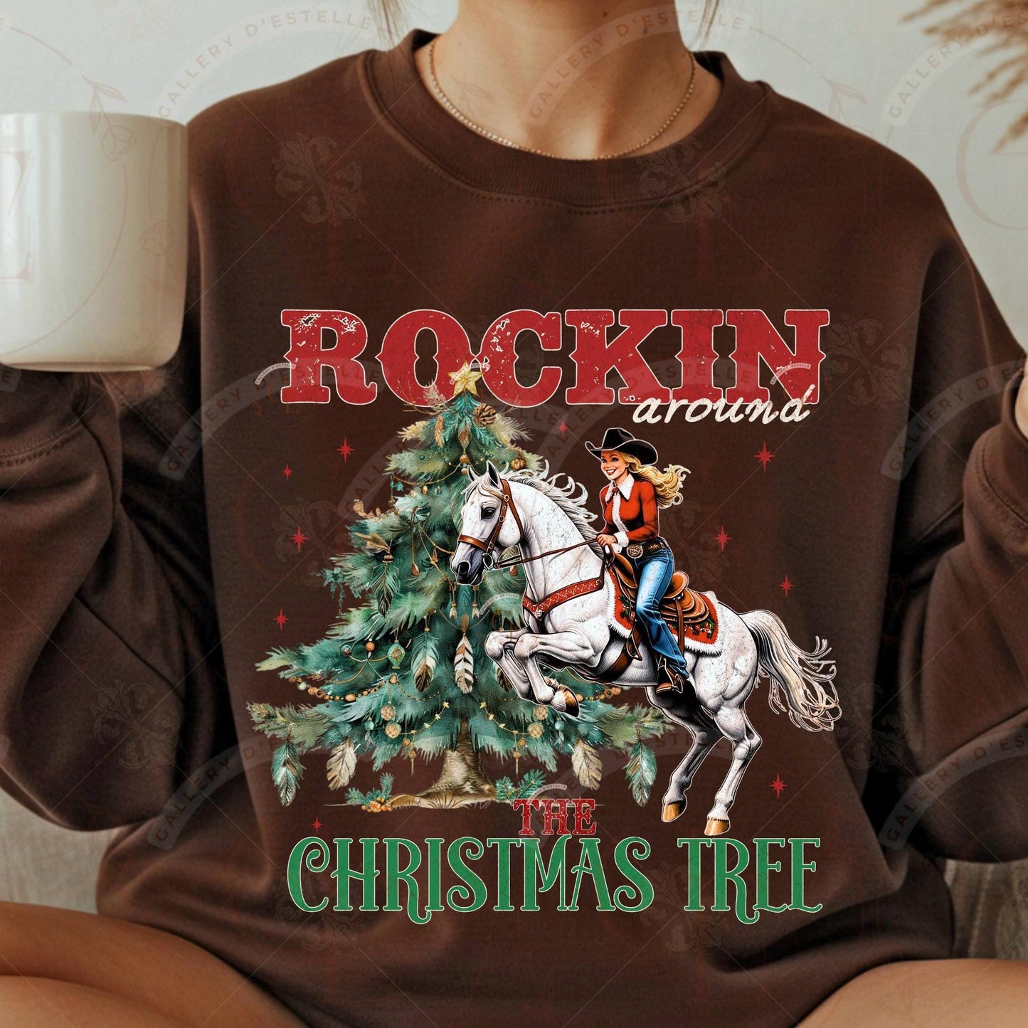 Rockin Around the Christmas Tree PNG, Retro Western Cowgirl Graphic, Festive Rodeo Design, Trendy Holiday Shirt Sublimation