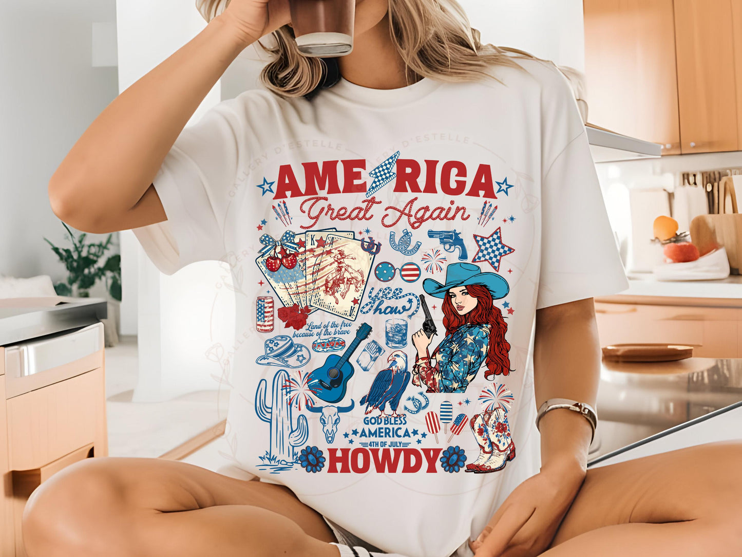America Great Again PNG, Patriotic Cowgirl Collage, Western 4th of July Graphic, Trendy Checkered Country Shirt Design