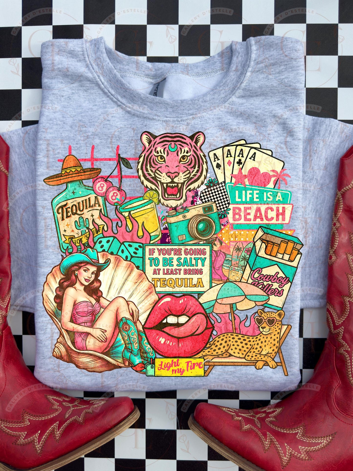 Yallternative Cowgirl Summer Collage PNG, Retro Coastal Girl Mermaid Art, Trendy Country Beach Shirt Design