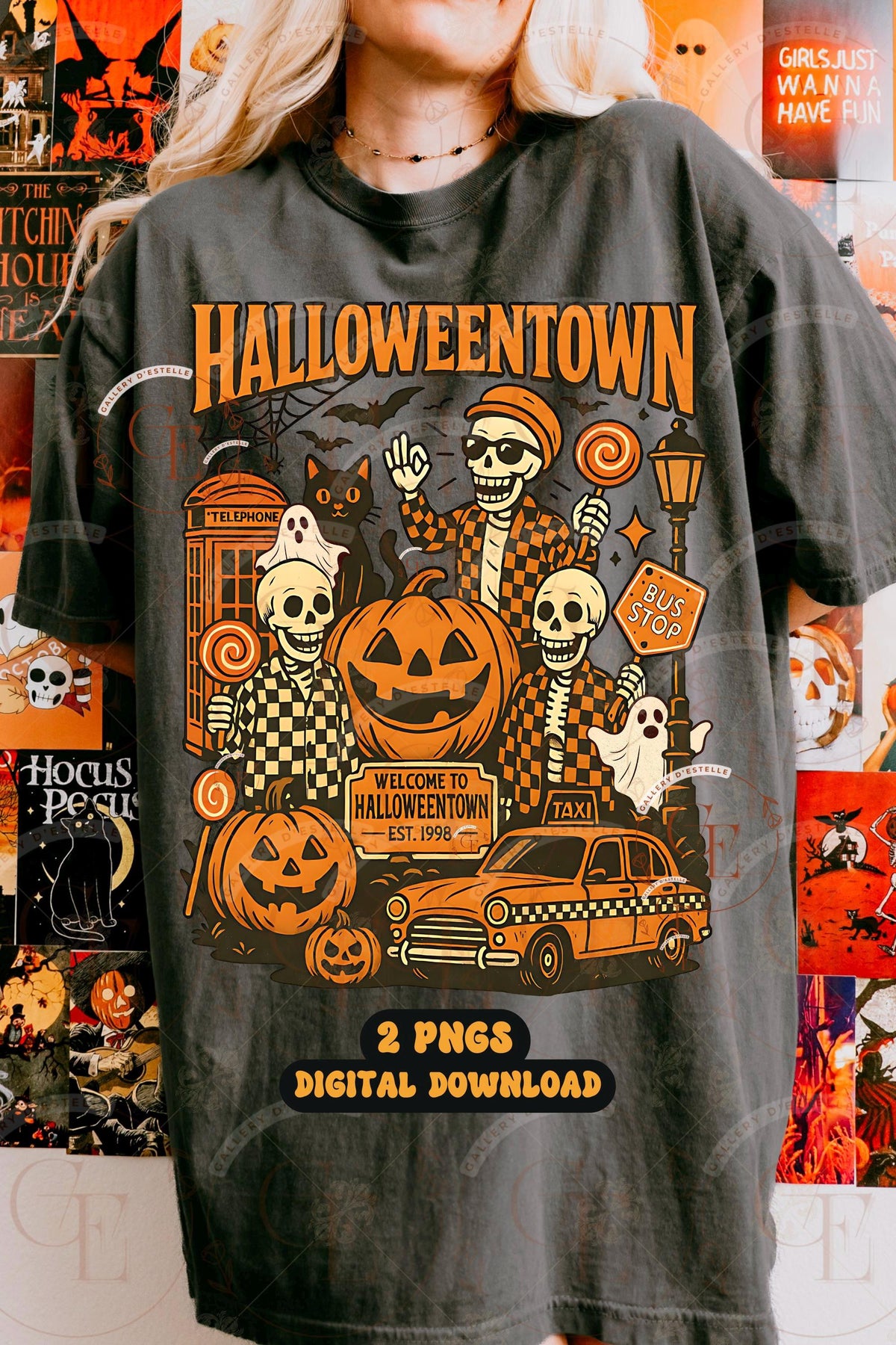 Person wearing a black t-shirt with Halloween-themed graphics and the title 'Halloweentown'