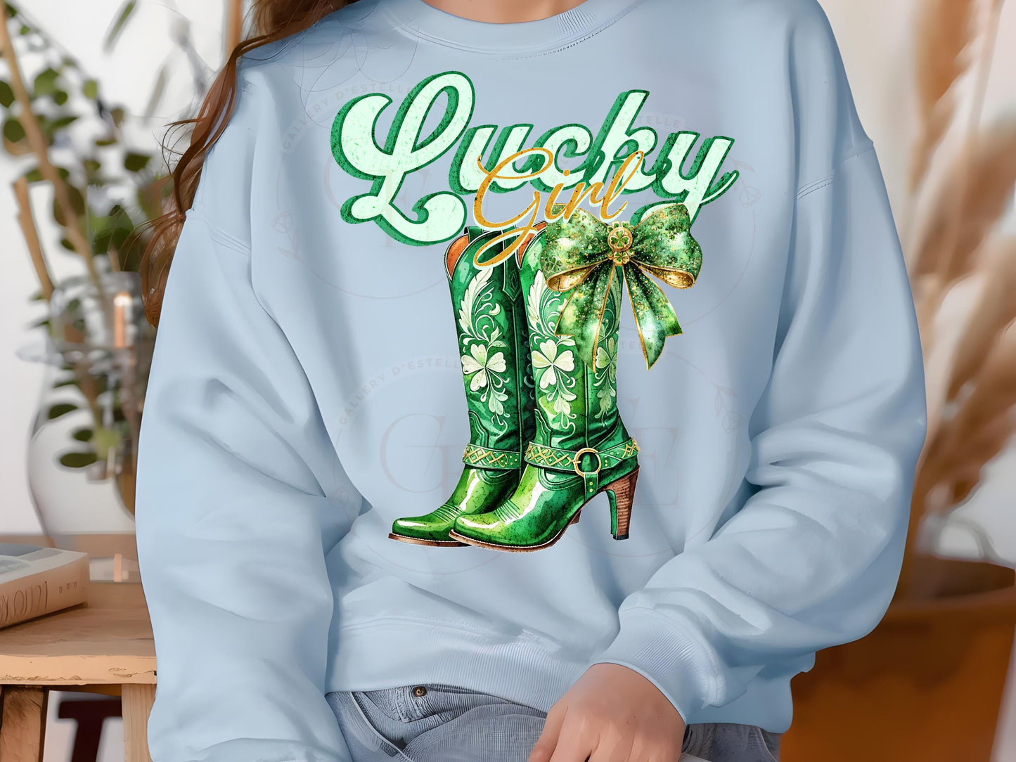 Lucky Girl Western PNG, Retro Cowgirl Boots Graphic, Coquette St.Patricks Day Country Shirt Design