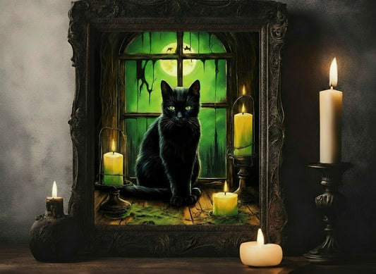 Black Cat Wall Art Print, Gothic Halloween Poster, Spooky Cat Decor, Dark Aesthetic Digital Art