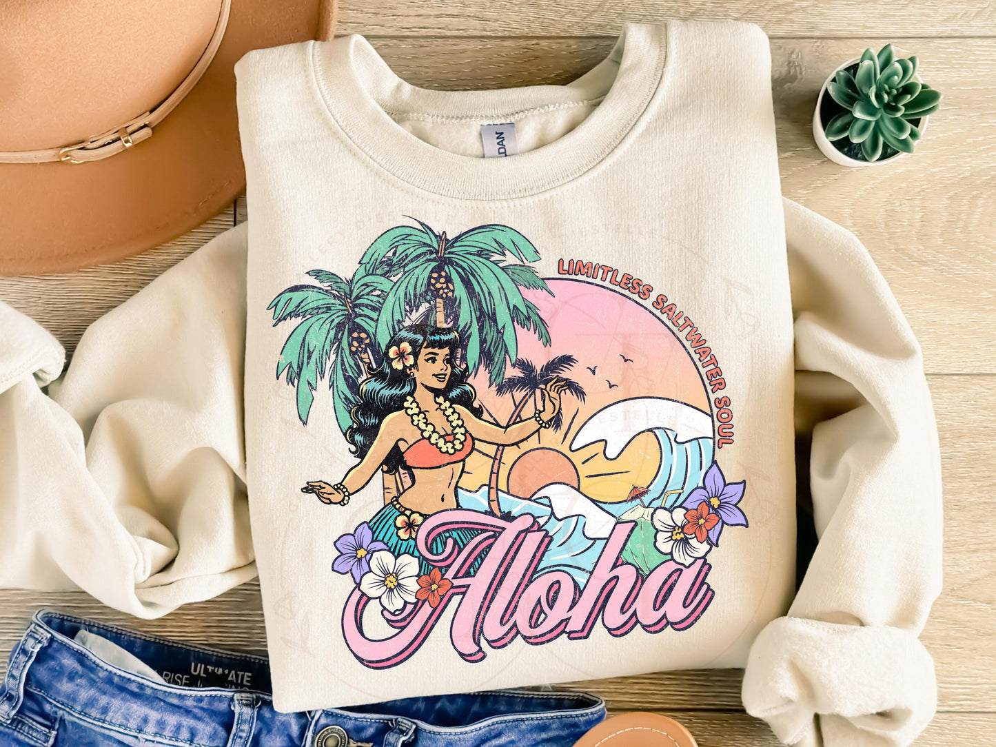 Aloha Summer PNG, Retro Hawaiian Coastal Hula Girl, Tropical Summer Beach Shirt Design