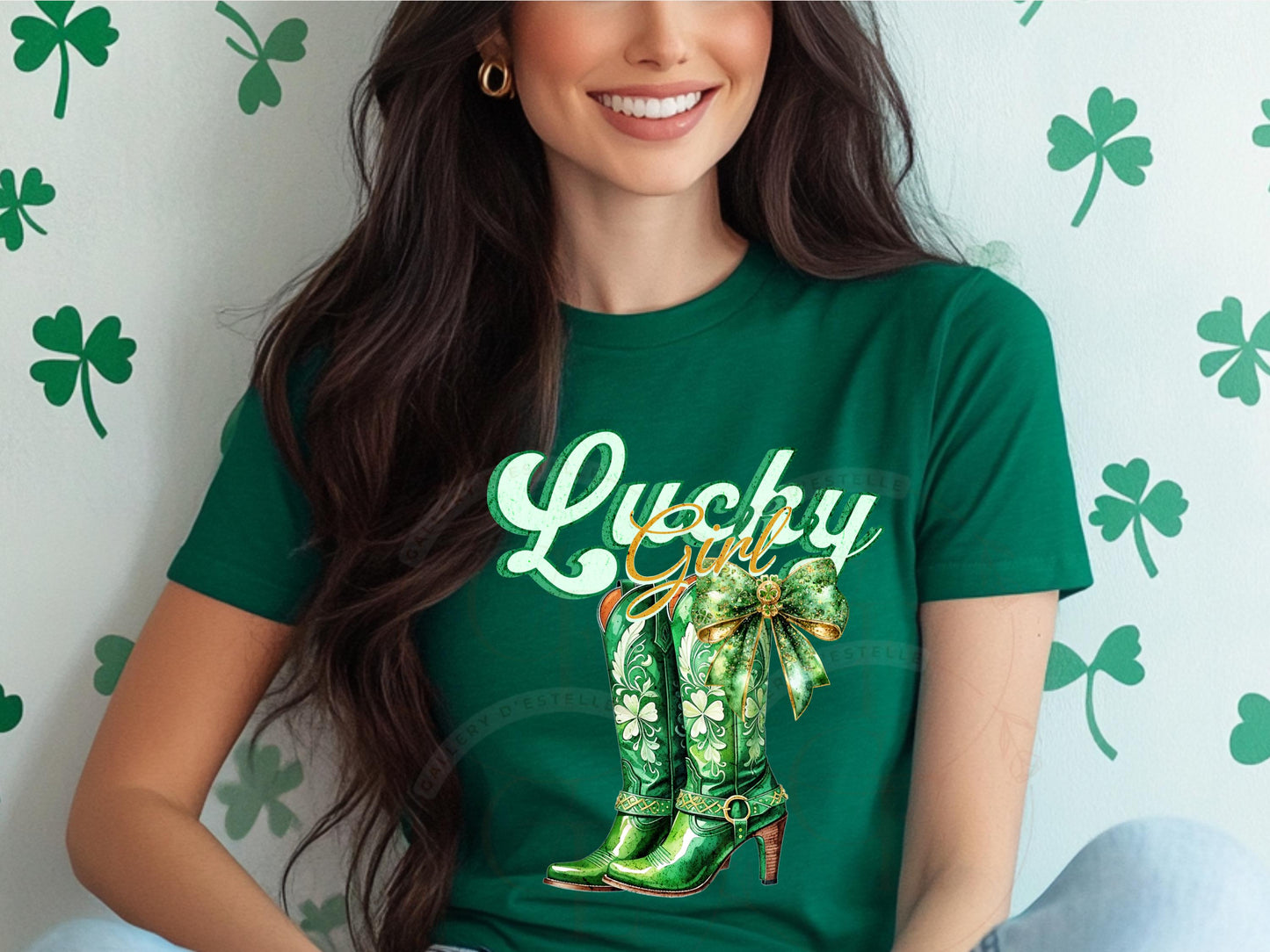 Lucky Girl Western PNG, Retro Cowgirl Boots Graphic, Coquette St.Patricks Day Country Shirt Design