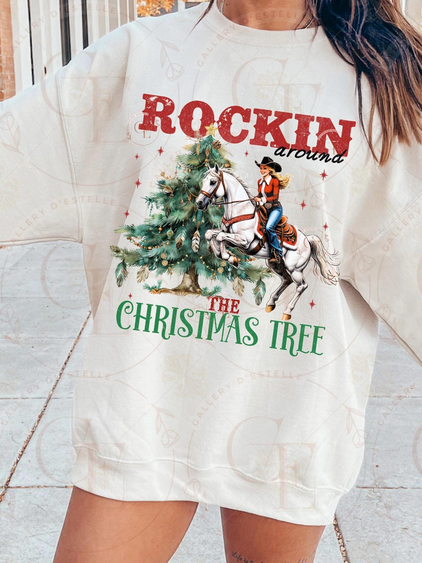Rockin Around the Christmas Tree PNG, Retro Western Cowgirl Graphic, Festive Rodeo Design, Trendy Holiday Shirt Sublimation