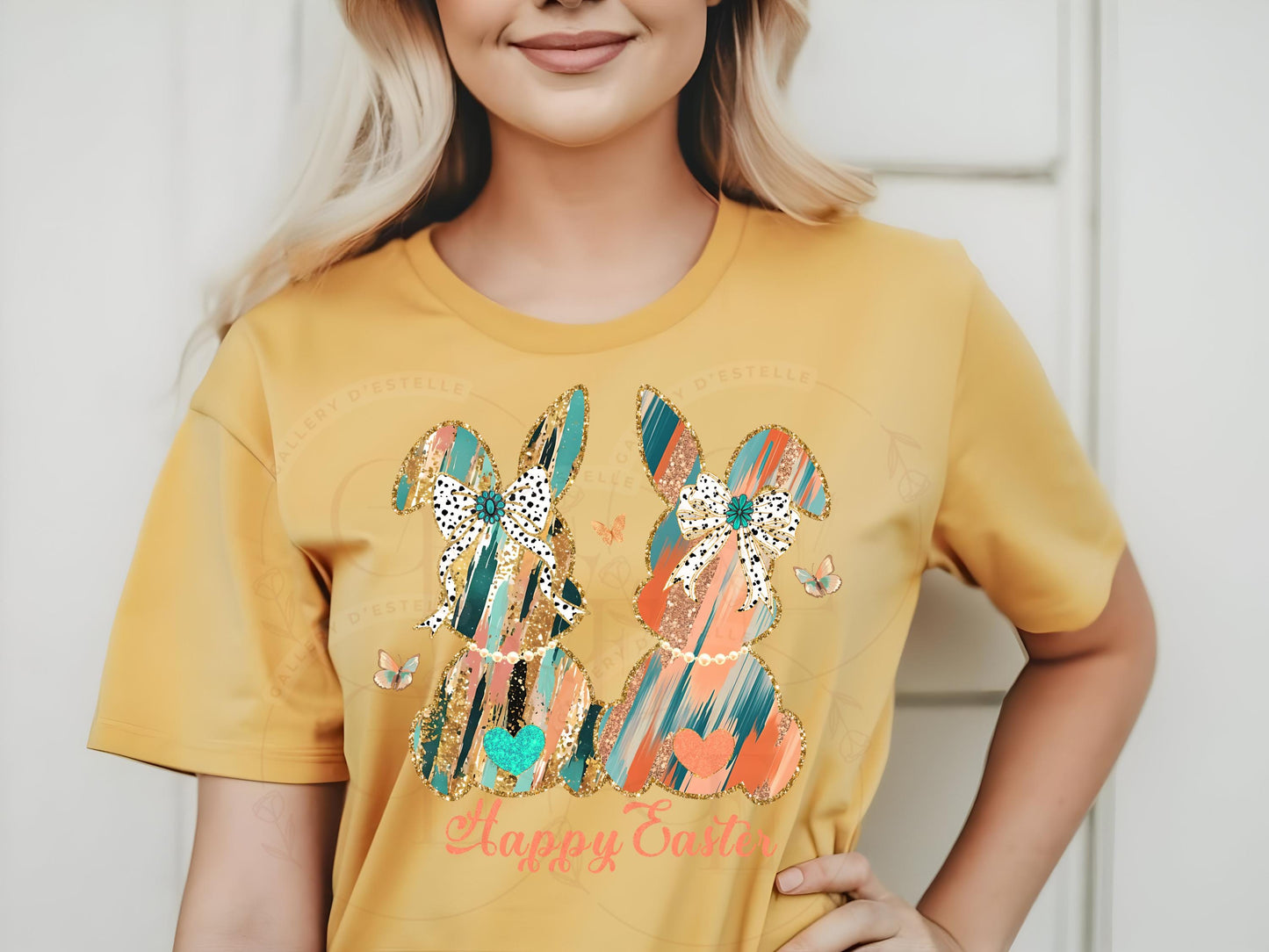Coquette Glitter Bunnies PNG, Gold Coral Brushstroke Art, Cowgirl Easter Graphic, Trendy Country Shirt Design