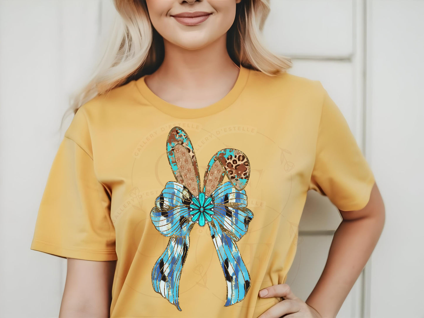Western Coquette Glitter Bow PNG, Blue Brushstroke Easter Bunny Graphic, Trendy Cowgirl Shirt Design