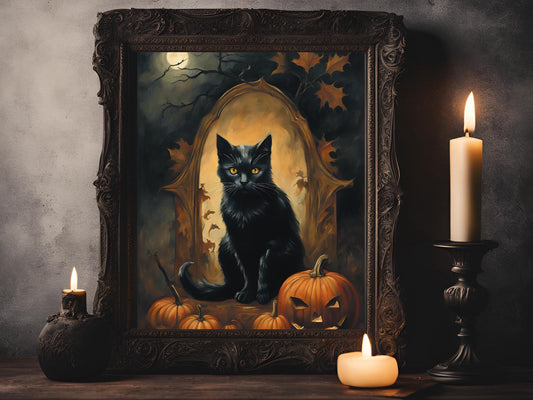 Haunted Black Cats Wall Art Set, Eerie Feline Dark Aesthetic Prints for Gothic Halloween Decor