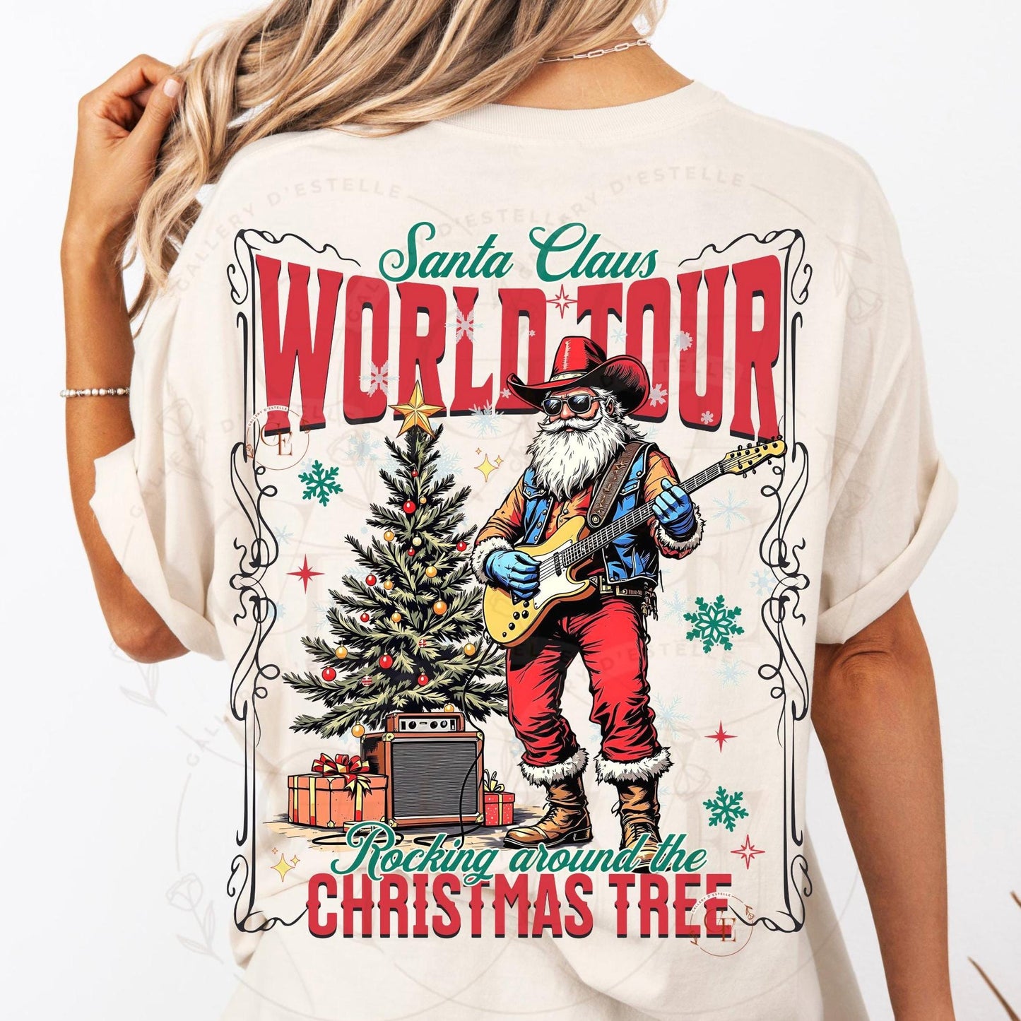 Santa Claus World Tour Western PNG, Retro Christmas Cowboy Rocker Graphic, Trendy Holiday Country Shirt Design