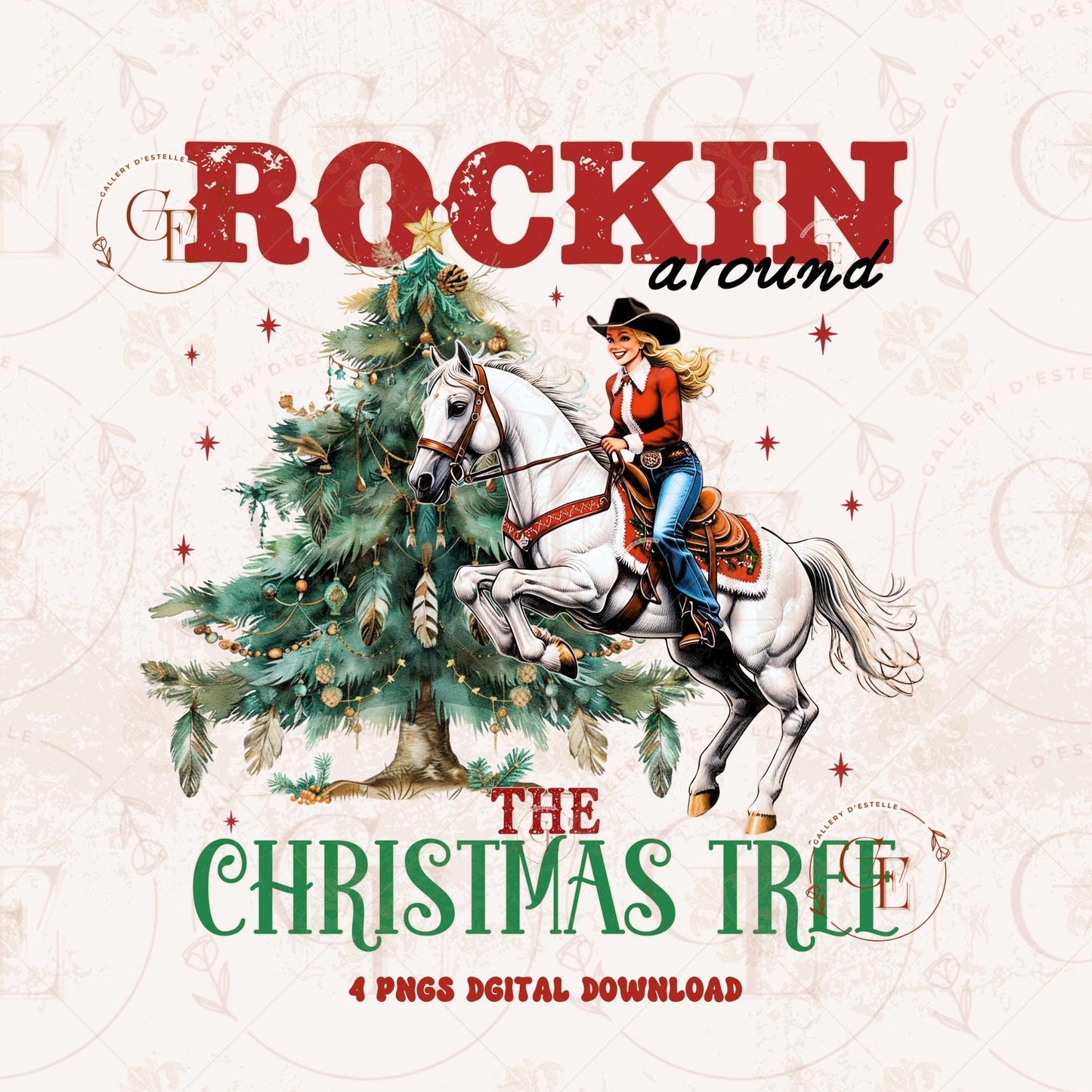 Rockin Around the Christmas Tree PNG, Retro Western Cowgirl Graphic, Festive Rodeo Design, Trendy Holiday Shirt Sublimation