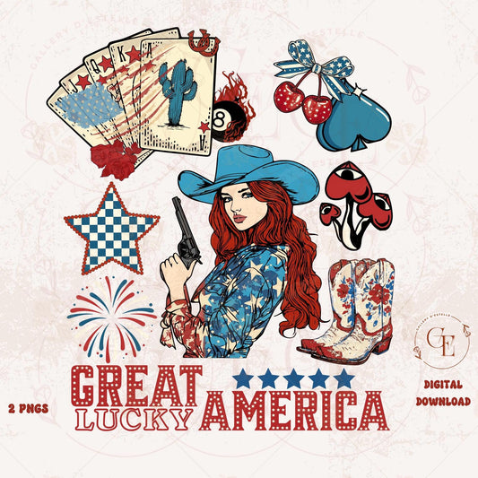 Great America Lucky PNG featuring western cowgirl with casino playing cards, turquoise checkered pattern and patriotic 4th of July lucky charm elements