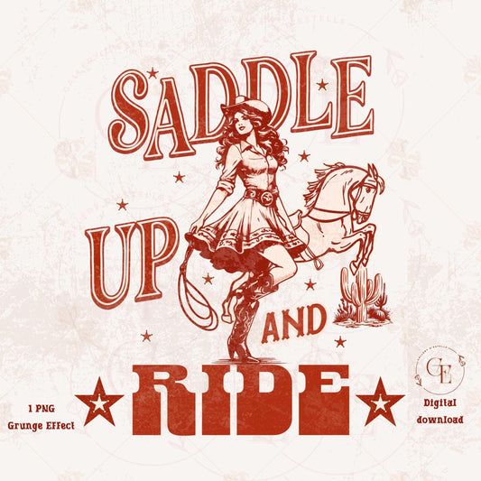 Saddle Up and Ride PNG, Retro Western Cowgirl Design, Trendy Country Rodeo Shirt Design