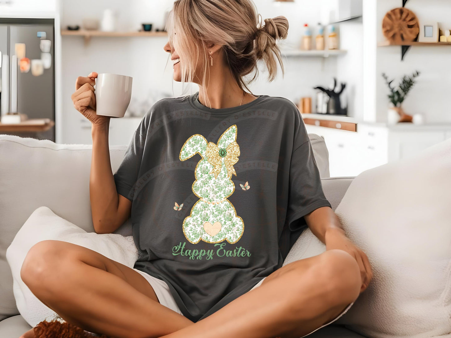 Coquette Green French Toile Bunny PNG, Vintage Glitter Lace Bow Graphic, Happy Easter Art, Country Chic Shirt Design