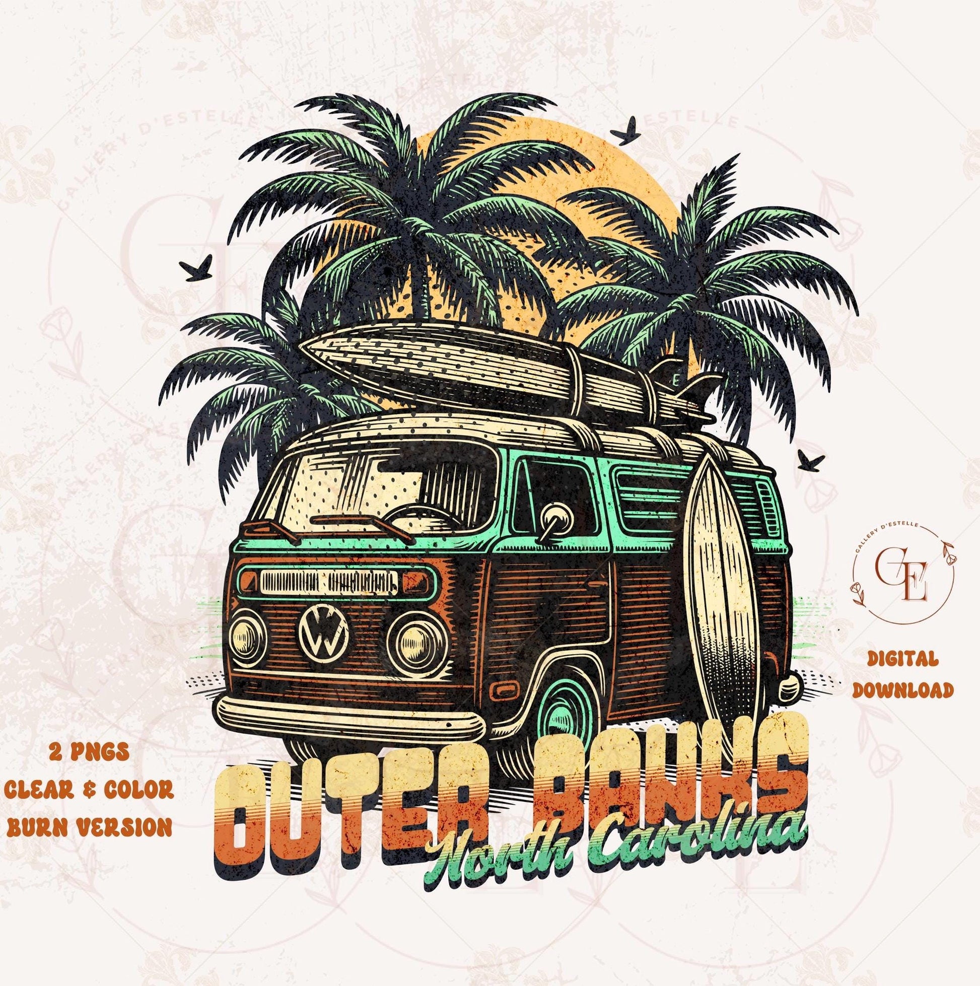 Vintage van with surfboard, palm trees, and sunset on a beige background with 'Outer Banks, North Carolina' text.