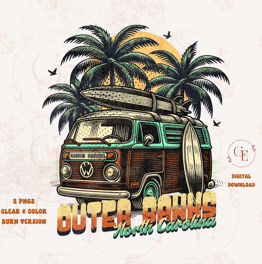 Vintage van with surfboard, palm trees, and sunset on a beige background with 'Outer Banks, North Carolina' text.