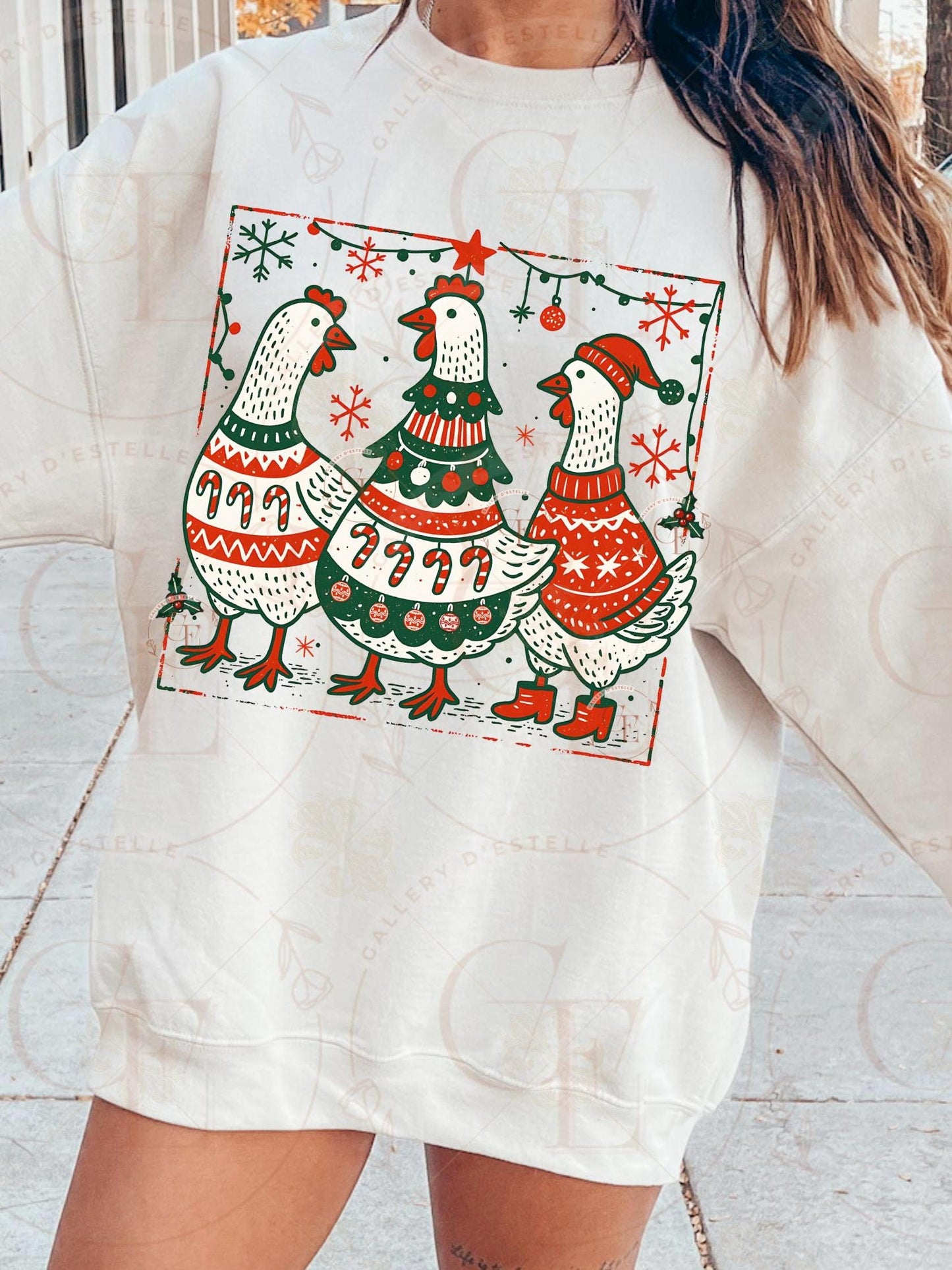 Boho Christmas Chickens PNG, Retro Festive Chicken Graphic, Vintage Farmhouse Holiday Sublimation, Coquette Chick Shirt Design