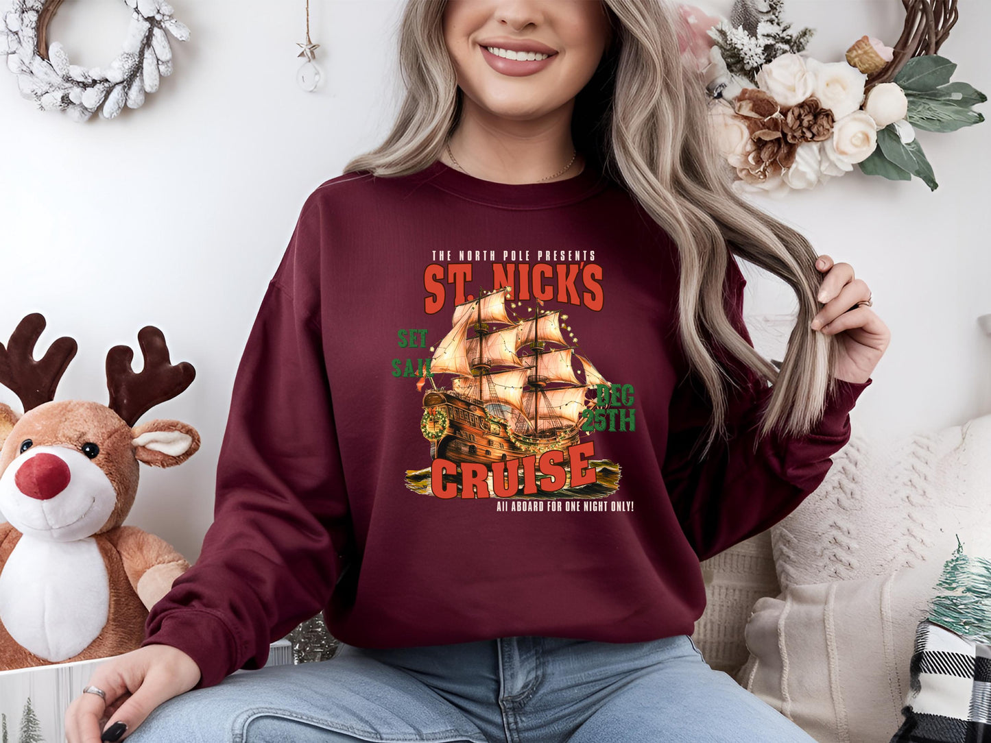 St. Nick's North Pole Cruise PNG, Vintage Christmas Sailing Ship Graphic, Western Cowboy Art, Festive Countrty Shirt Design