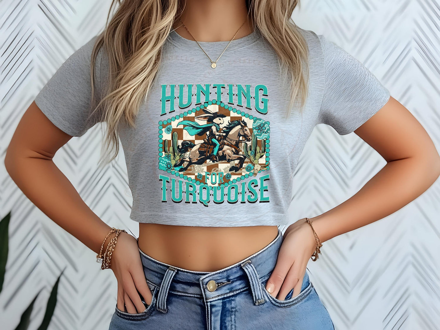 Hunting for Turquoise PNG, Wild West Easter Bunny Rodeo Graphic, Western Cowgirl Turquoise Checkered Shirt Design