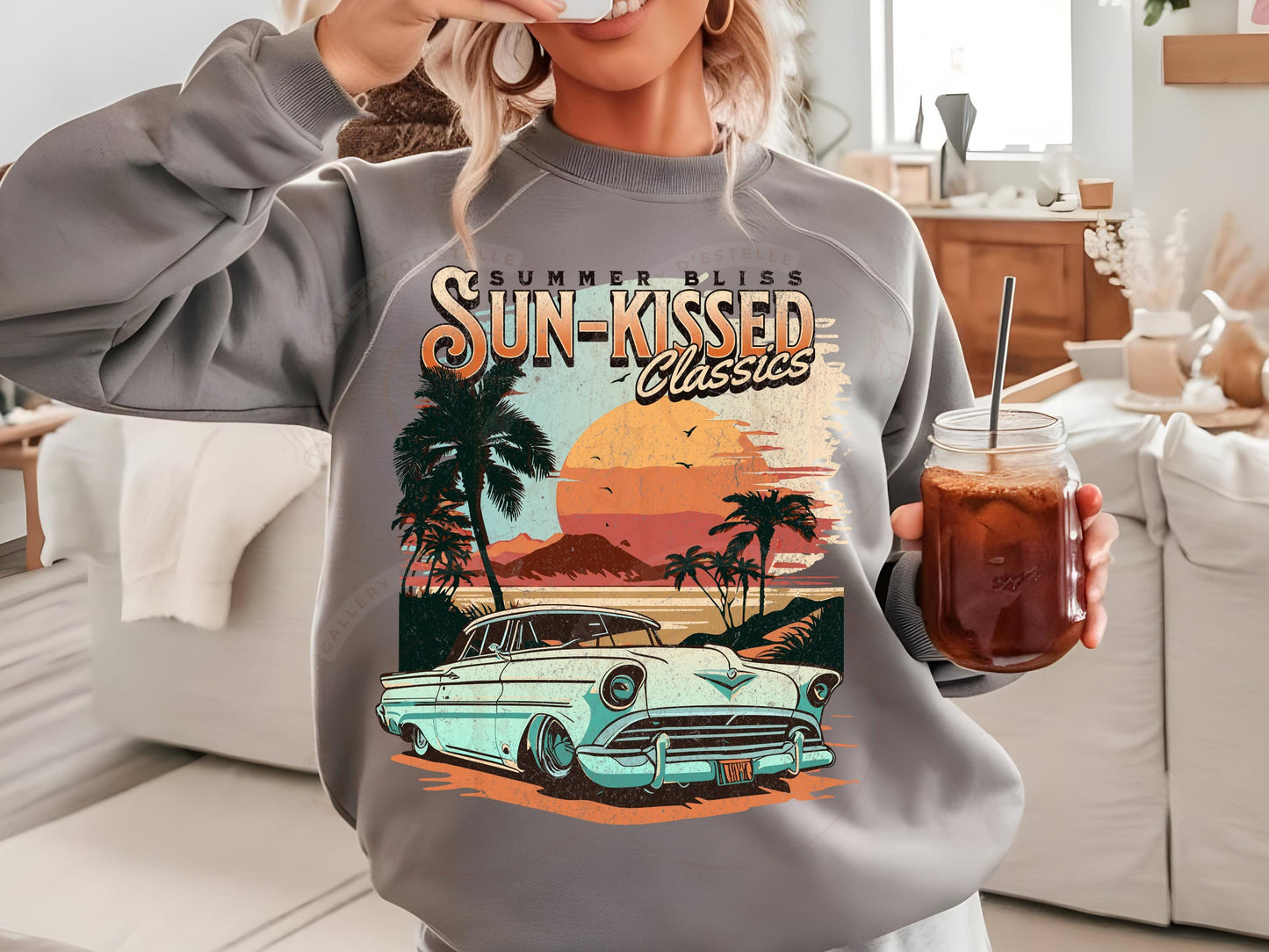 Sun-Kissed Classics PNG, Retro Vintage Race Car Graphic, Trendy Sunset Beach Coastal Shirt Design