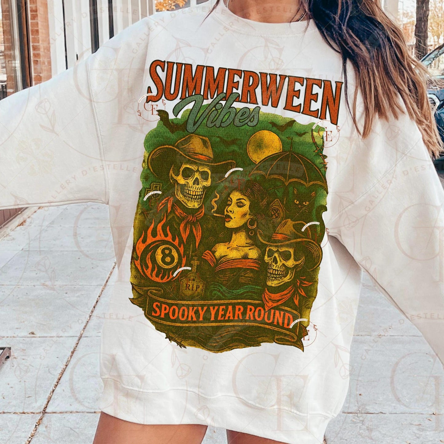 Summerween Vibes Western PNG, Retro Halloween Skeleton Collage, Spooky Gothic Country Shirt Design