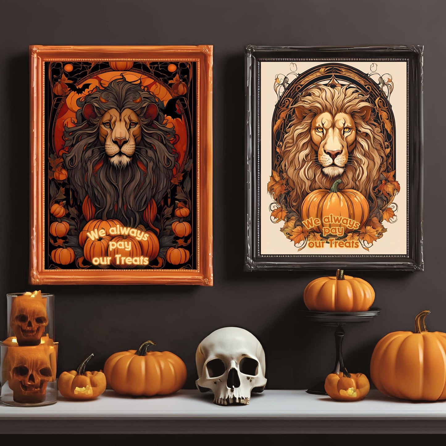 Halloween Lions Wall Art Bundle, "House Trickster" Spooky Decor and Art Nouveau Decoration for Halloween