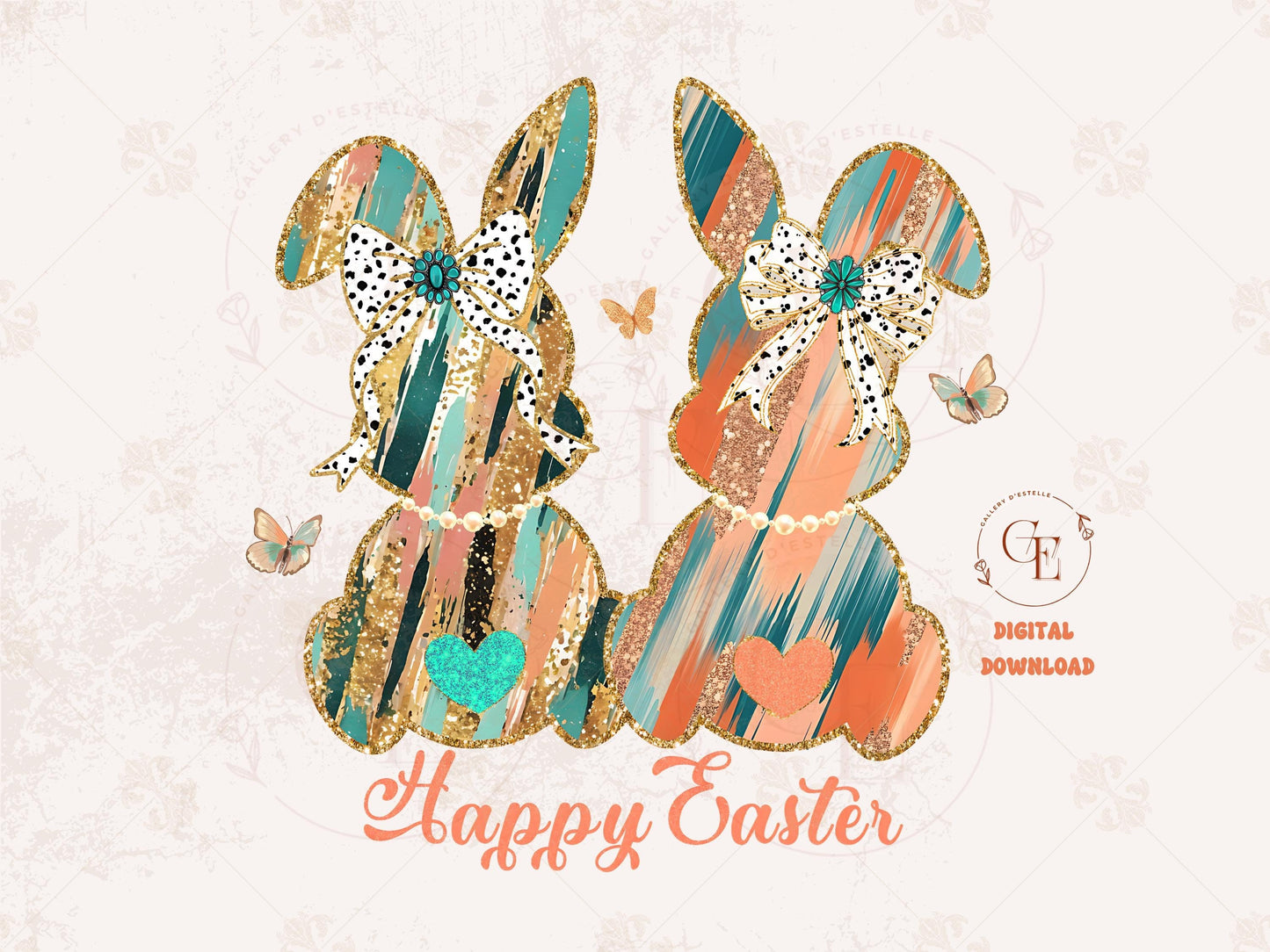 Coquette Glitter Bunnies PNG, Gold Coral Brushstroke Art, Cowgirl Easter Graphic, Trendy Country Shirt Design