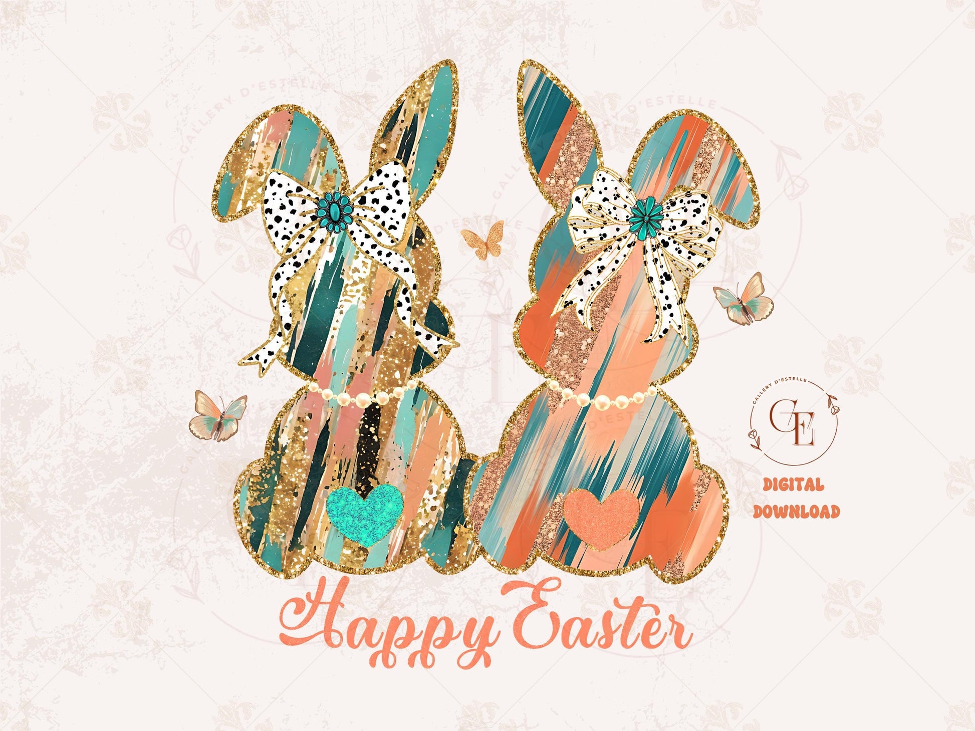 Coquette Glitter Bunnies PNG, Gold Coral Brushstroke Art, Cowgirl Easter Graphic, Trendy Country Shirt Design