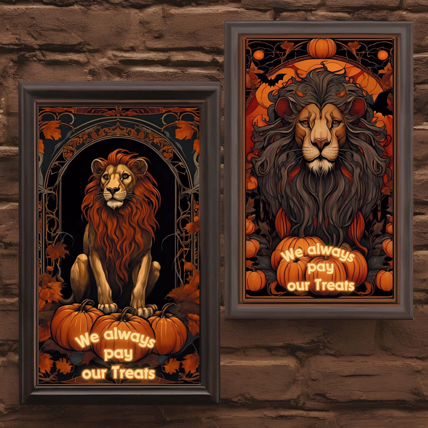 Halloween Lions Wall Art Bundle, "House Trickster" Spooky Decor and Art Nouveau Decoration for Halloween