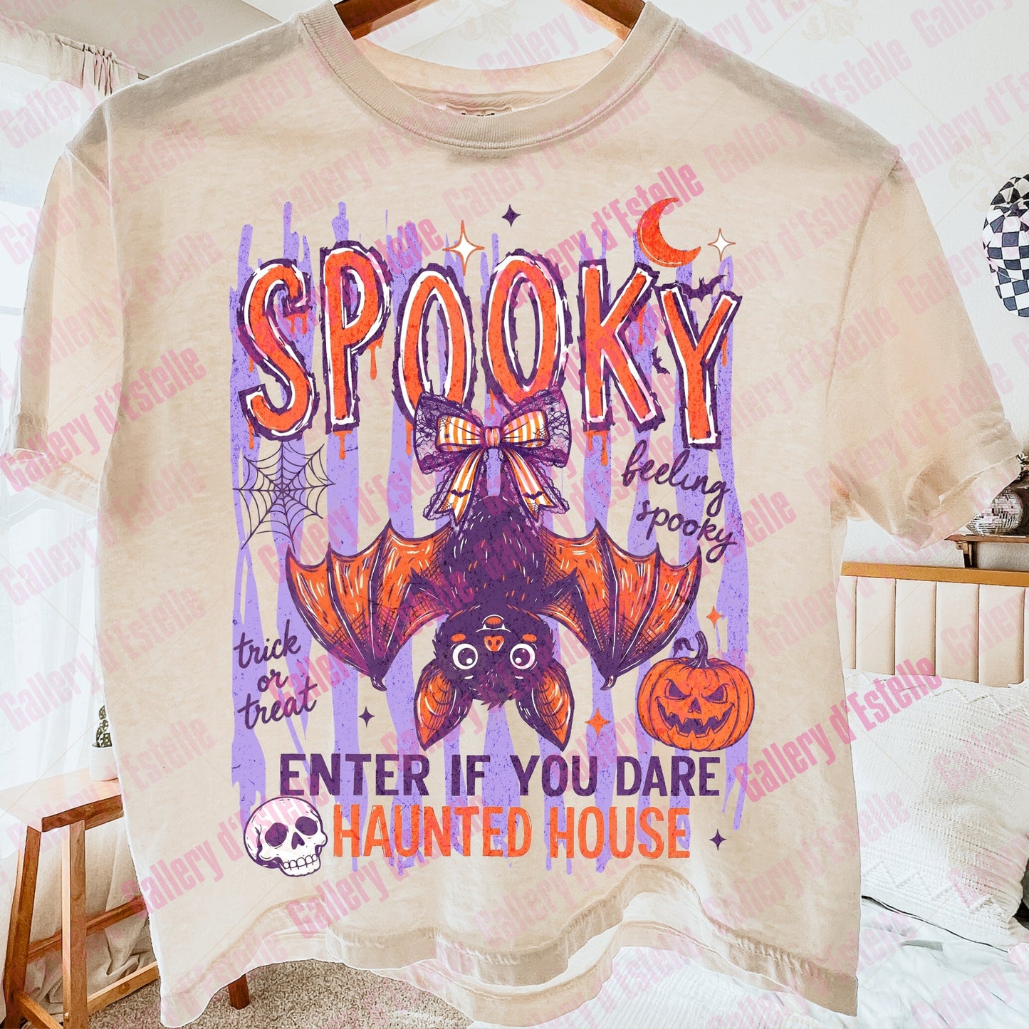 Spooky Bat PNG, Retro Haunted House Graphic, Coquette Halloween Shirt Design