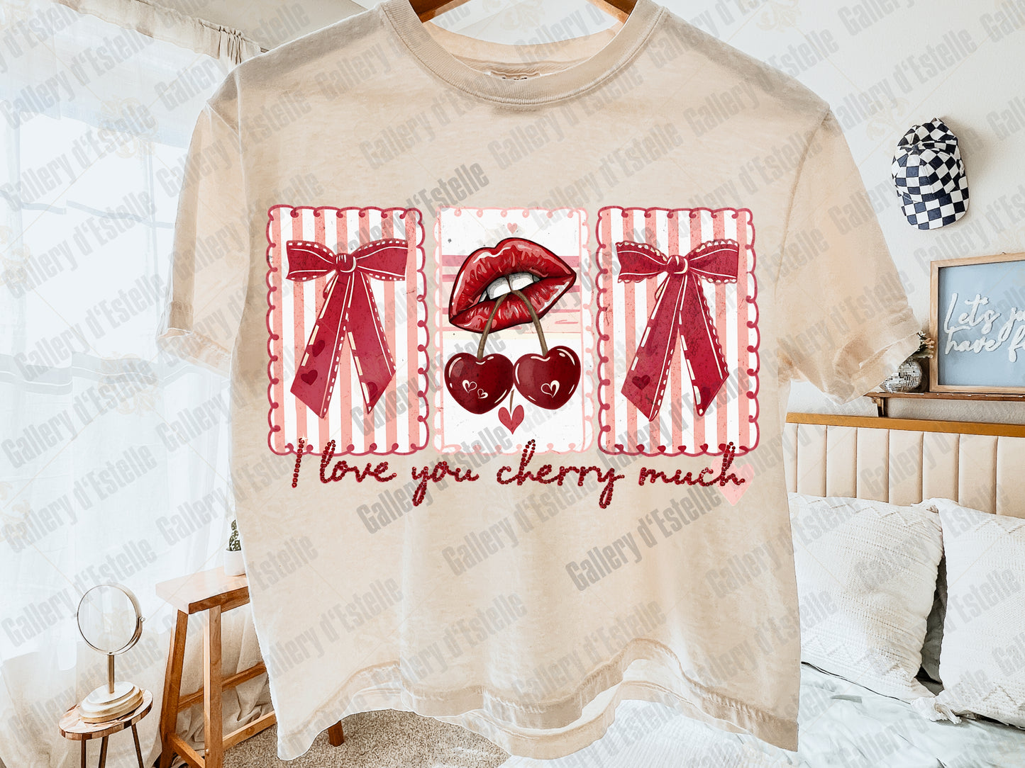 Love You Cherry Much PNG, Retro Cherry Lips Graphic, Coquette Valentine Stamp Collage, Trendy Pink Bow Shirt Design