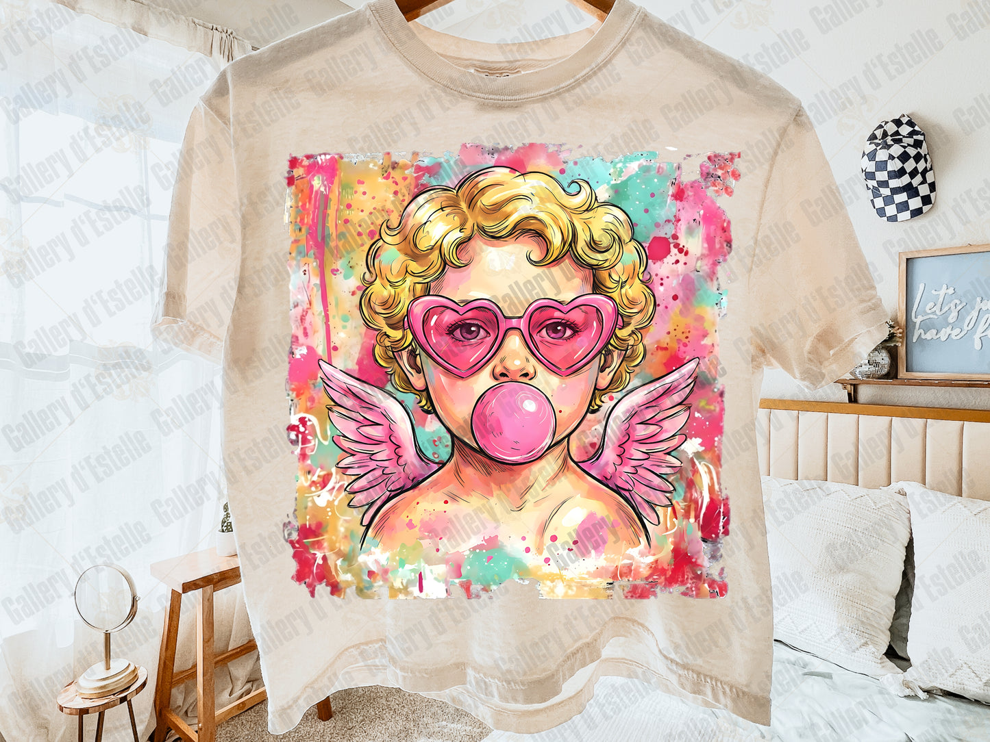 Preppy Cupid Valentine PNG, Colorful Watercolor Angel Graphic, Retro Bubblegum Art, Trendy Love Shirt Design