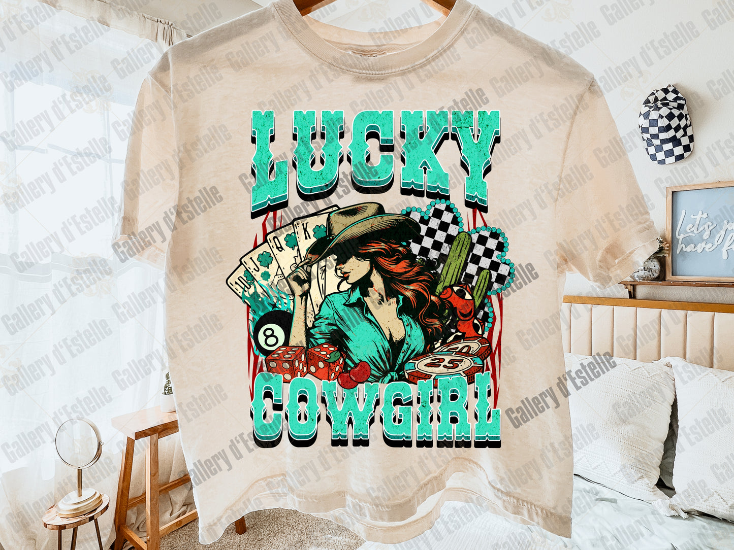 Lucky Cowgirl PNG, Retro Western Casino Aesthetic, Checkered Shamrock Graphic, Wild West Country Shirt Design