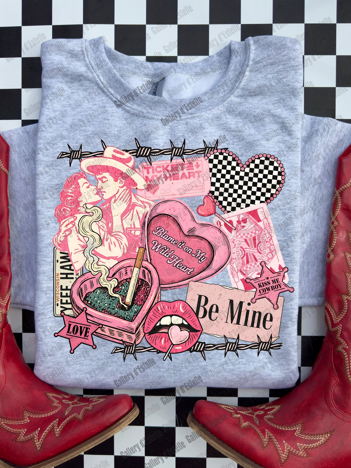 Cowboy Valentine Collage PNG, Retro Western Love Graphic, Wild West Romance Art, Coquette Be Mine Shirt Design
