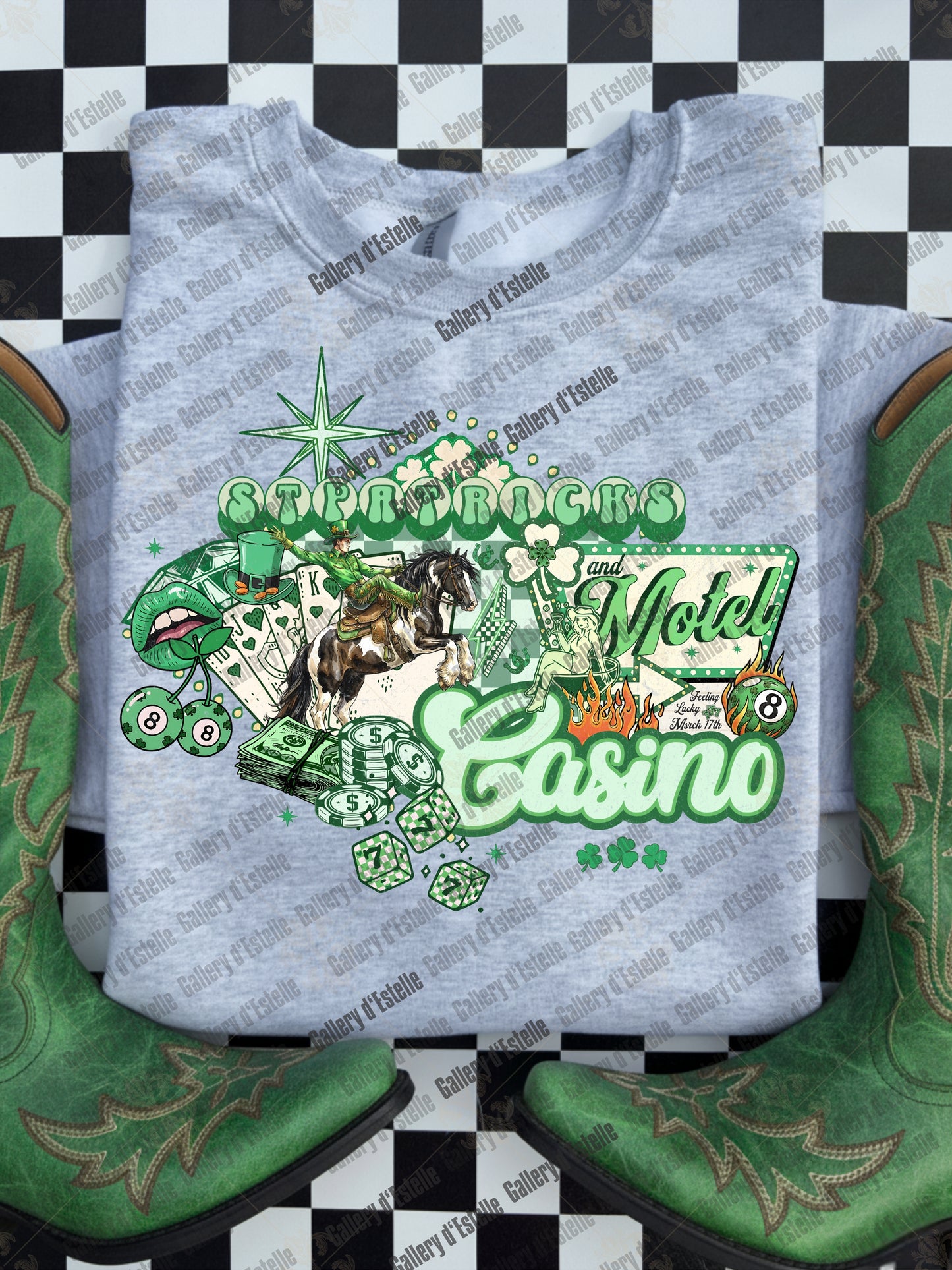 St Patrick’s Day Casino & Motel PNG, Retro Western Lucky Collage, Cowboy Rodeo Graphic, Edgy Country Shirt Design