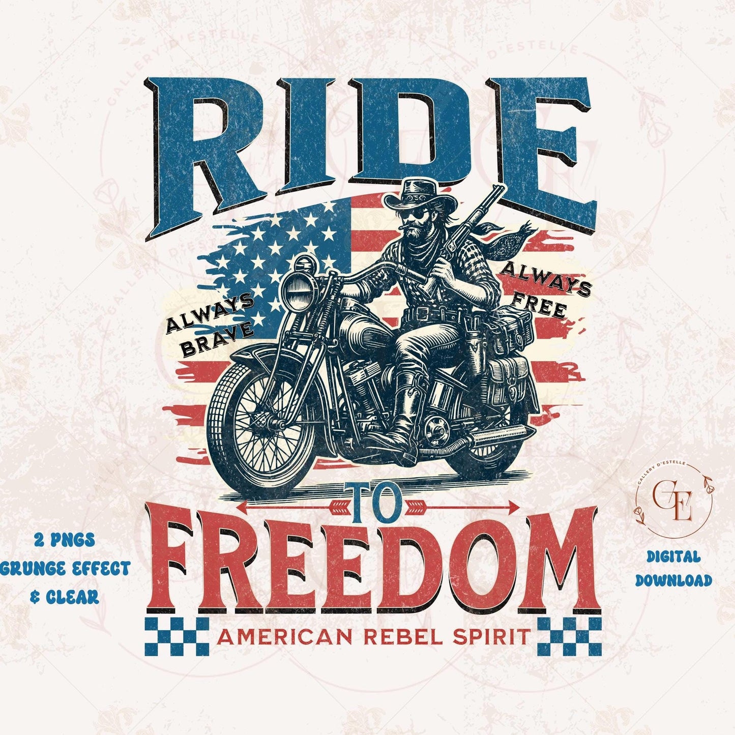 American Rebel Cowboy PNG featuring vintage motorcycle biker with western cowboy elements and edgy Independence Day freedom ride design