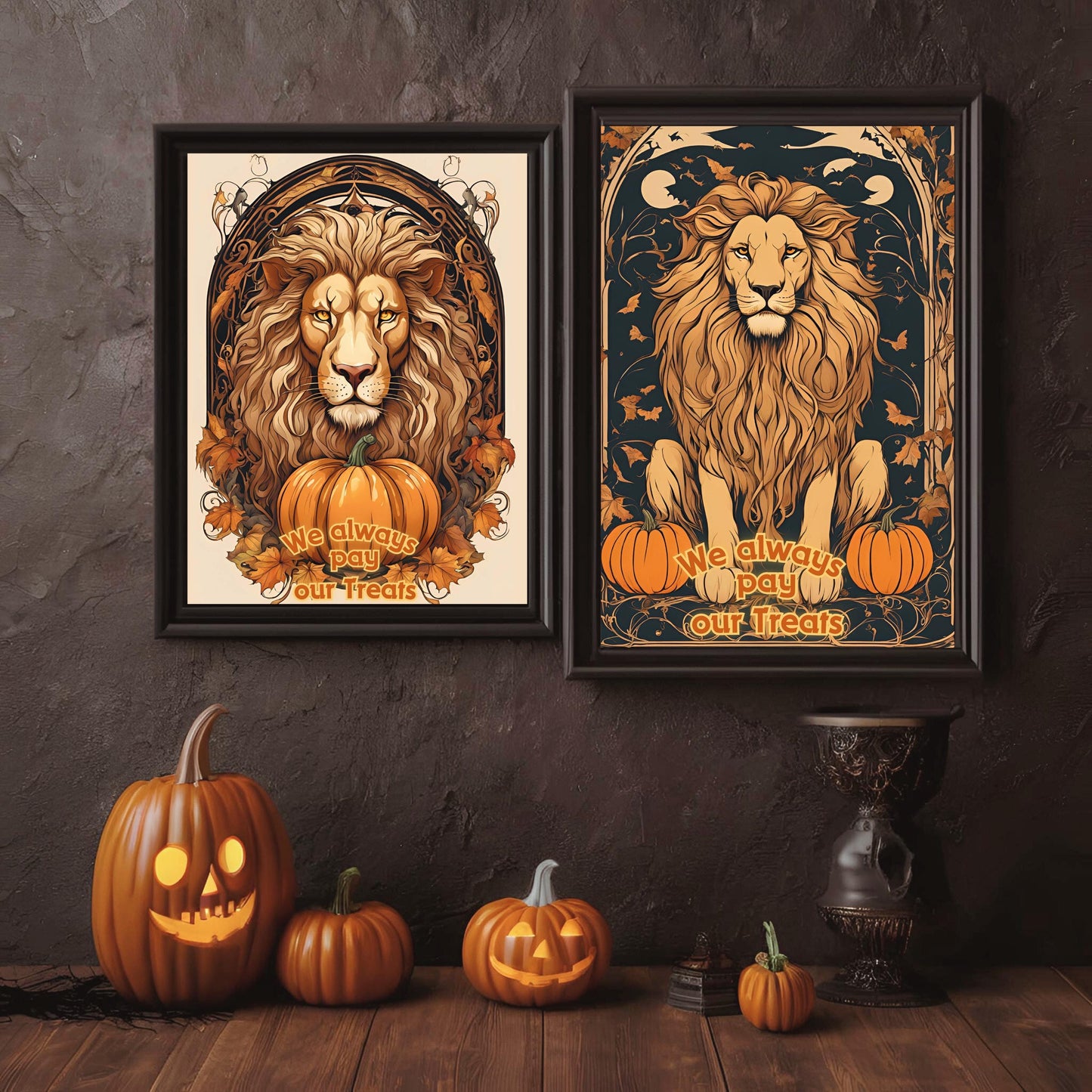 Halloween Lions Wall Art Bundle, "House Trickster" Spooky Decor and Art Nouveau Decoration for Halloween