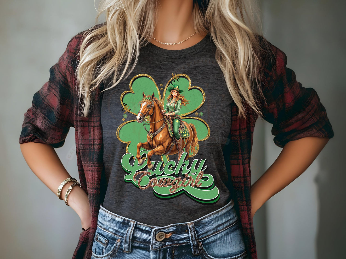 Lucky Cowgirl PNG, St. Patricks Day Western Graphic, Retro Lucky Clover Art, Trendy Country Shirt Design
