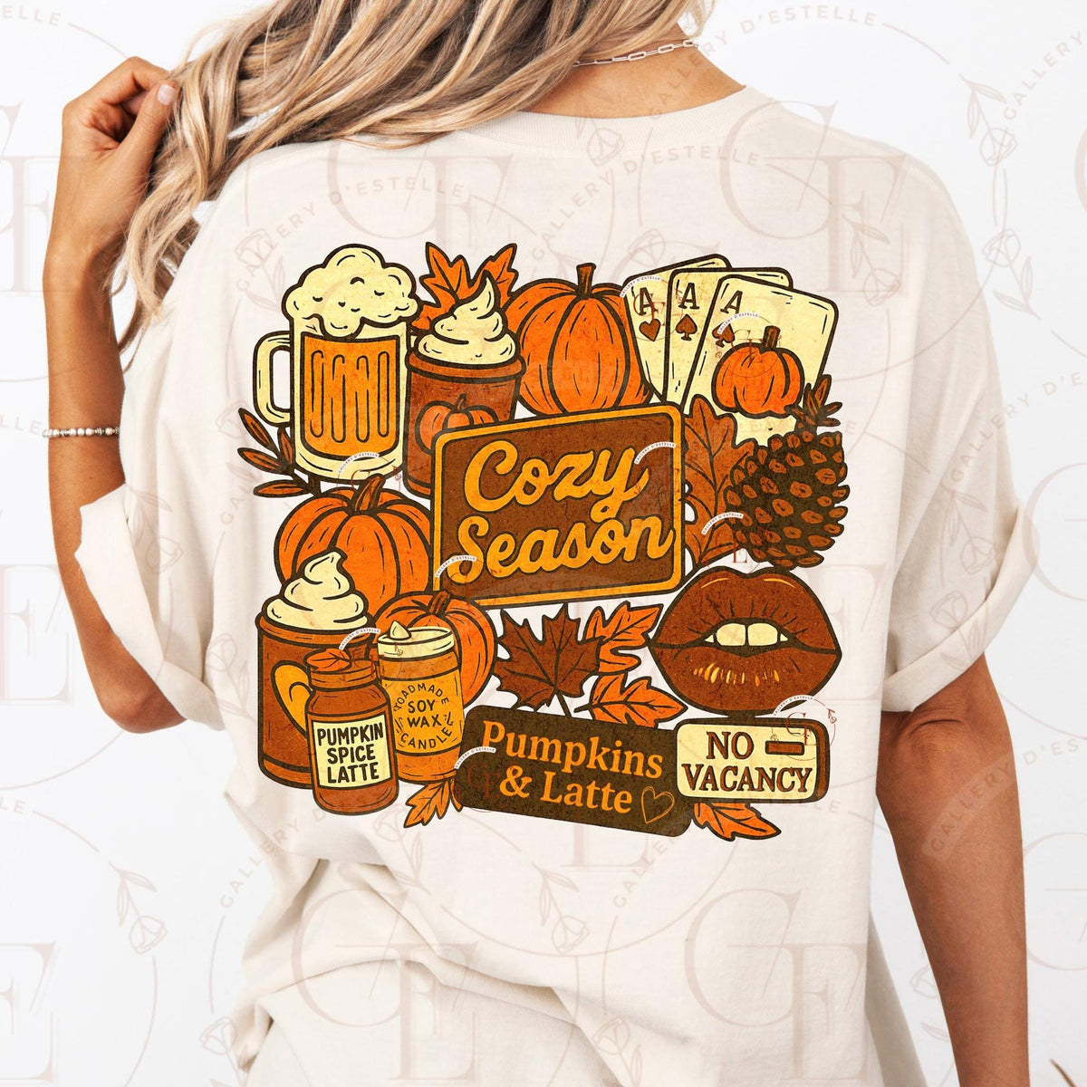 White t-shirt with autumn-themed graphics and text on a white background