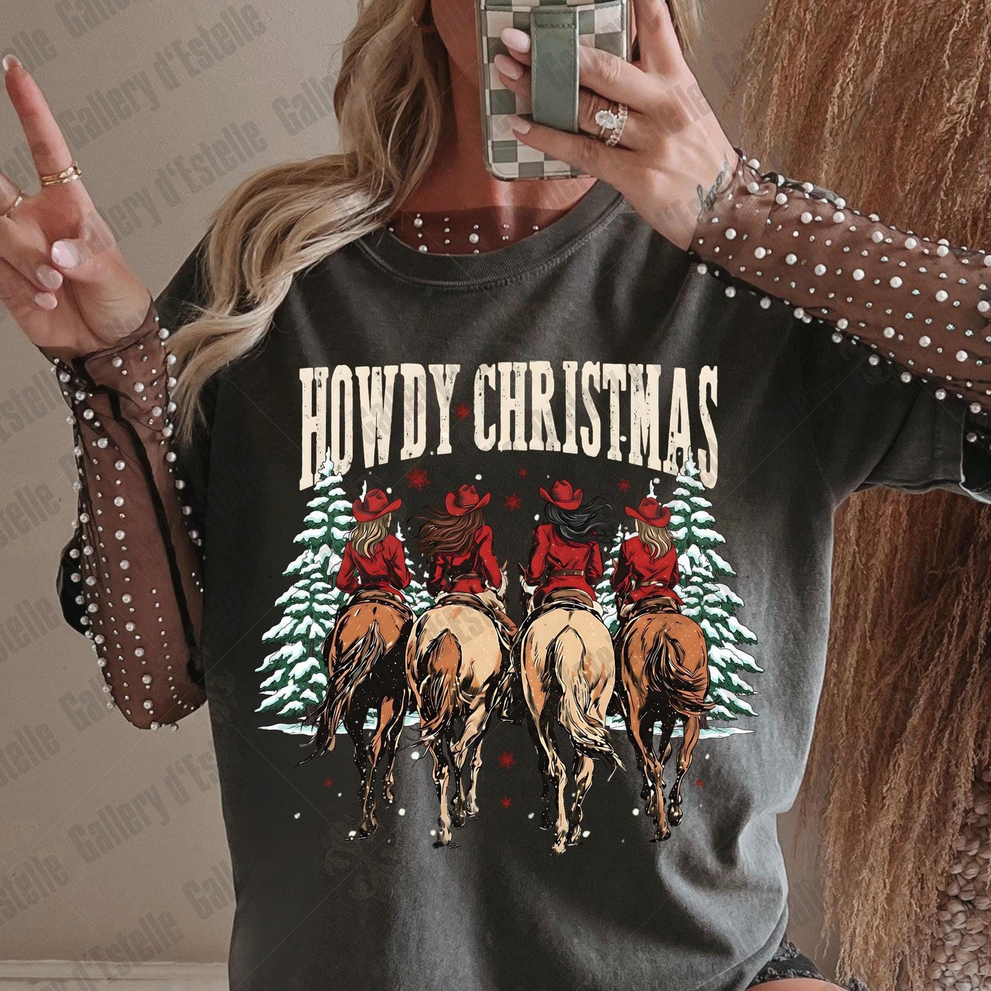Western Howdy Christmas PNG, Retro Cowgirl Holiday Graphic, Festive Country Shirt Rodeo Design