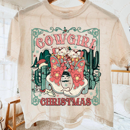 Coquette Cowgirl Christmas PNG, Retro Western Boots Holiday Graphic, Festive Country Shirt Sublimation Design