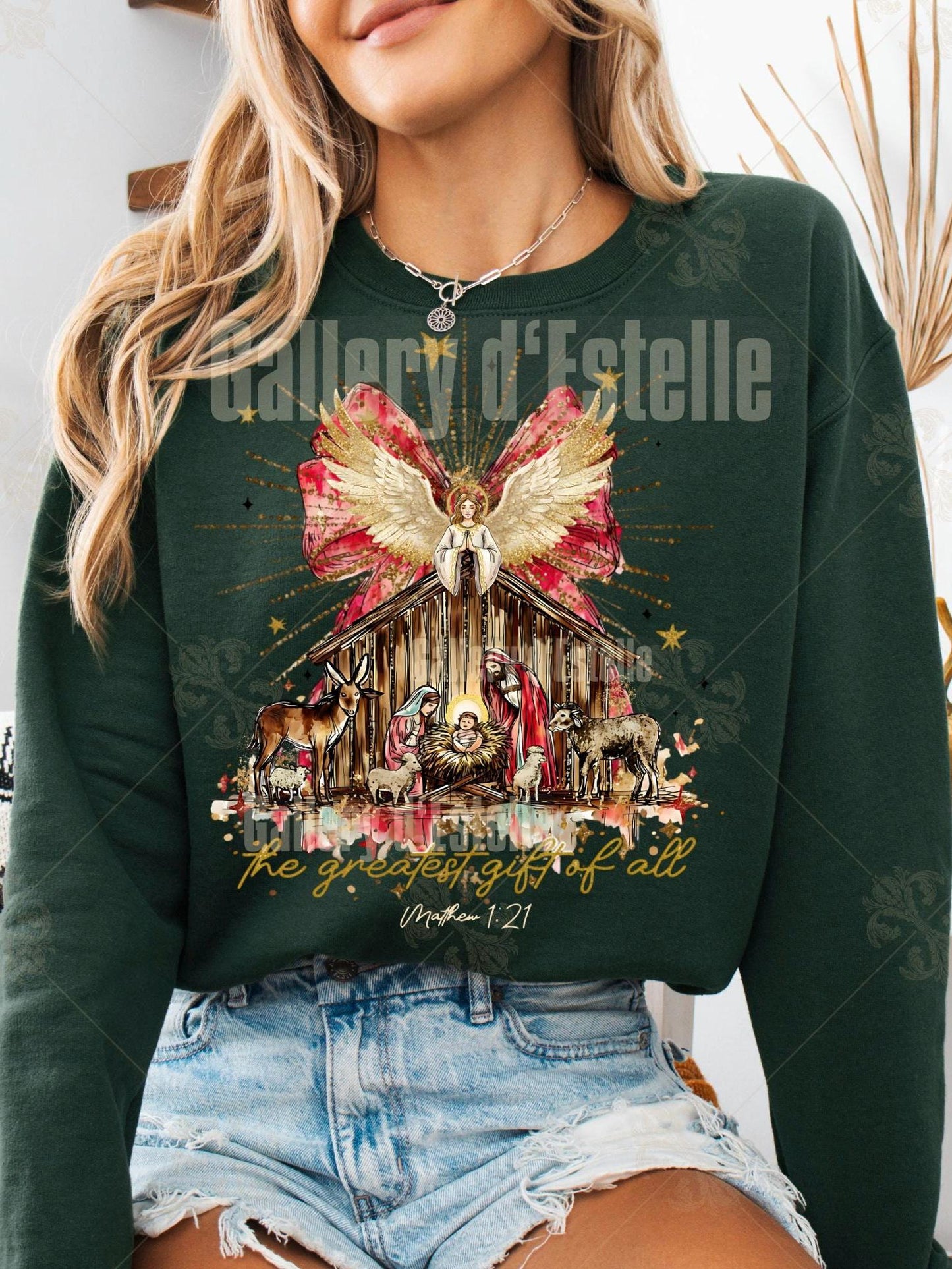 Preppy Nativity PNG, Glittery Christmas Scene Graphic, Religious Holiday Sublimation, Coquette Christian Shirt Design
