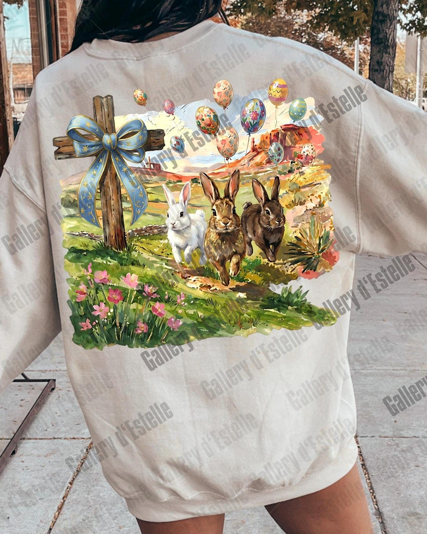 Christian Easter Bunny PNG, Coquette Cross Spring Scene, Vintage Religious Rabbit Art, Western Faith Shirt Design