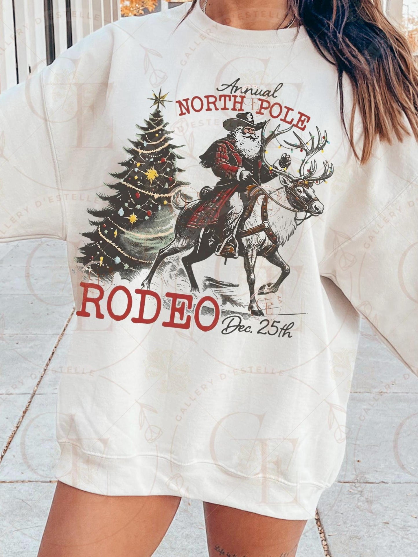 North Pole Rodeo PNG, Retro Cowboy Christmas Graphic, Santa Riding Reindeer Western Design, Vintage Holiday Shirt Sublimation